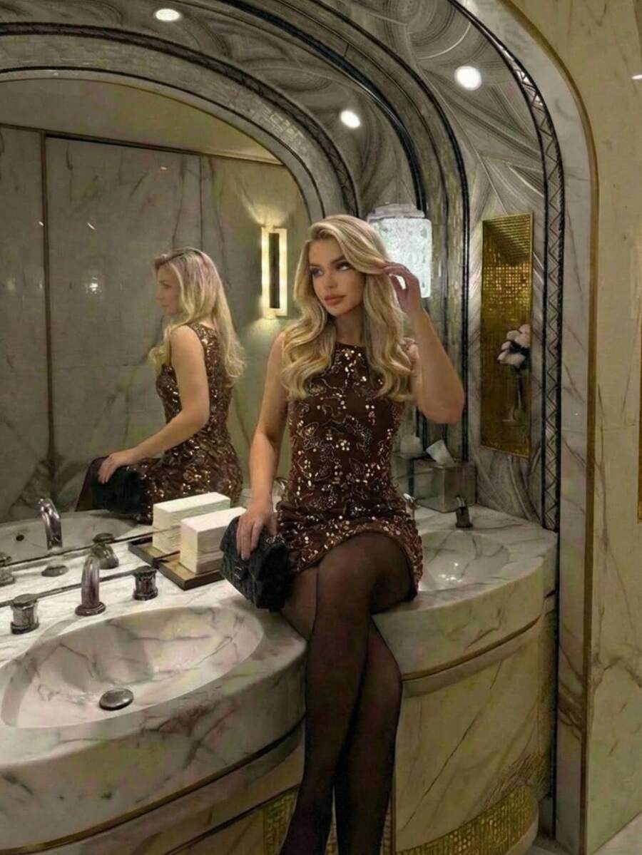 Vowa 优雅法式时尚藤蔓蕾丝露肩流苏边迷你连衣裙，适合舞会、盛会、展览、商务活动、婚礼和其他正式场合。 - 棕色 - 查看 1