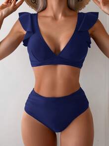 Swim Basics Set Baju Renang Bikini Ruffle Warna Polos Elegan Musim Panas Wanita Warna Biru Tua untuk Liburan Pantai, Dua Potong, Pakaian Liburan, Baju Renang Push Up untuk Wanita - Navy Blue - View 3