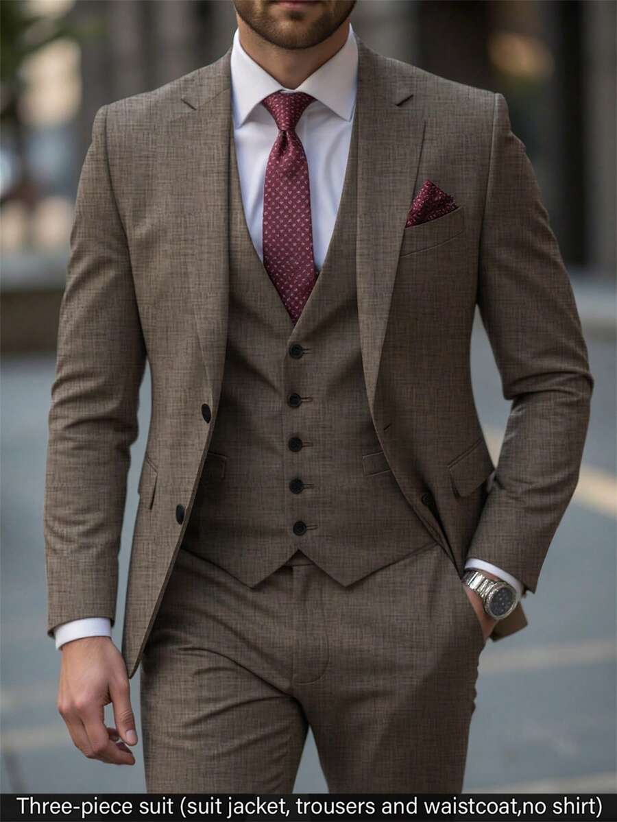 Manfinity Bizformal 男士西装 绅士简约修身单排扣商务三件套西装 男士西装外套马甲西裤套装 婚礼派对 假日旅行 香槟色 - 卡其色 - 查看 1