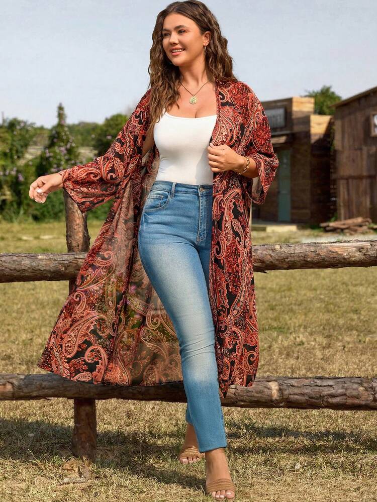 EMERY ROSE 大码女式休闲腰果印花七分袖宽松长款开衫 - 彩色 - 查看 7