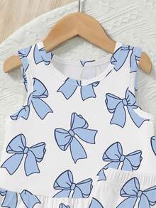 Baby Girls Blue Bow Tie Digital Print Sleeveless 2-Piece Set, Suitable For Summer Daily Wear, Outings, Travel, Vacation And Parties, Vacation Outfit - Multicolor - View 5