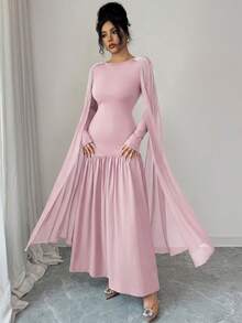 Modelyn Elegant Oval Collar Beaded Long Sleeve Coffee Color Dress For Women, Winter - Pink - View 8