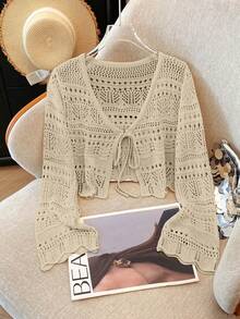 Franclia Áo khoác cardigan mỏng nhẹ, màu trơn, chất liệu ren móc rỗng, kiểu dáng đa năng dành cho nữ. - Lạc đà - Xem 4