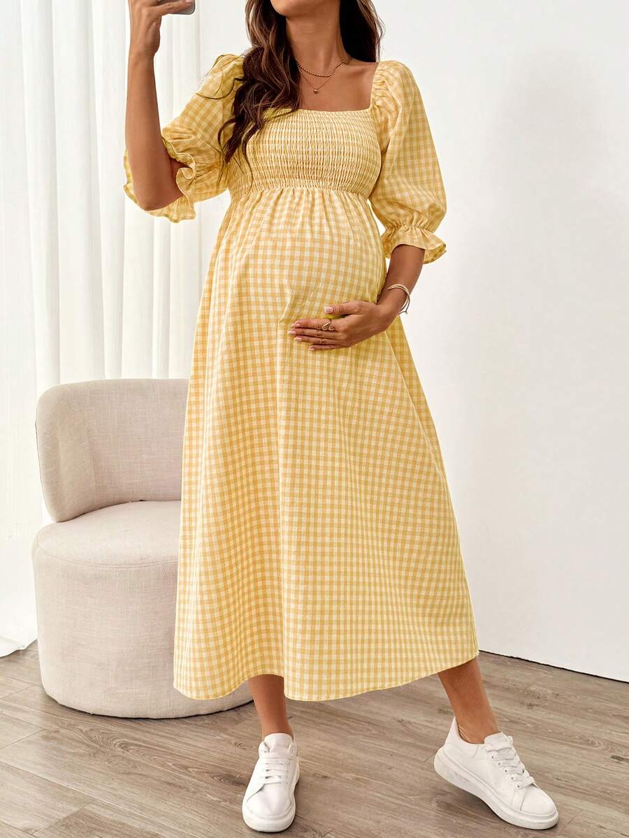 SHEIN Maternity Casual Plaid Dress For Summer - Yellow - View 1