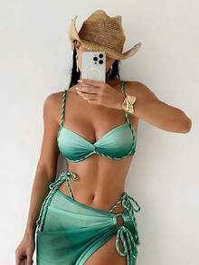 Swim SXY 夏季新款女士三件套渐变编织肩带比基尼套装，系带泳衣和沙滩裙泳装三件套，女士沙滩两件套，三件套泳衣套装，比基尼三件套，沙滩裙套装，泳衣三件套，泳衣罩衫，女士两件套Y2K泳衣，女士泳衣，收腹沙滩装，女士套装，带罩衫的比基尼套装，女士两件套泳衣，女士节日套装，女士优雅派对礼服，女士度假套装，女士沙滩罩衫 - 綠色 - 查看 6
