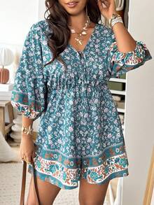 Vionelle Plus Size Casual Teal Ditsy Floral Lantern Sleeve Jumpsuit Boho Mini Dress,Women Summer Vacation Holiday Beach Outfits Resort Wear Beachwear Outfit - Multicolor - View 5