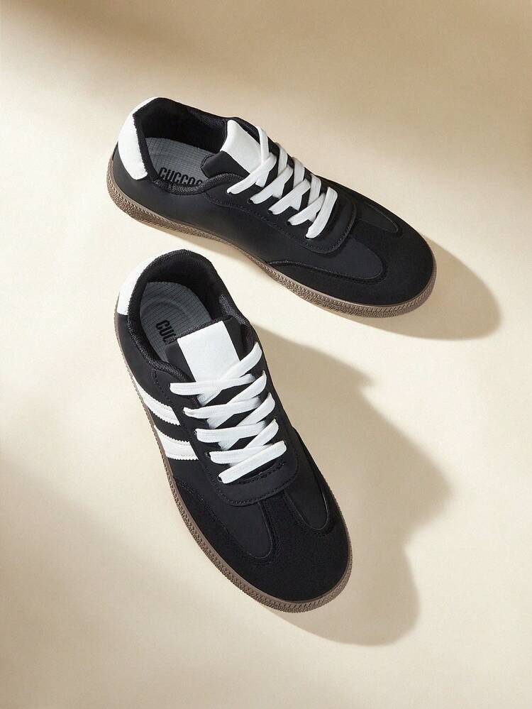 CUCCOO EASI Women's Lace-Up Splicing Round Toe Flat-Bottomed Casual Sneakers Simple And Comfortable Daily Outdoor Casual PU Leather Black Casual Sneakers