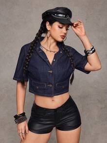 Jeanoix Y2K 时尚翻领纽扣原色水洗牛仔夹克 - 深色水洗藍 - 查看 4