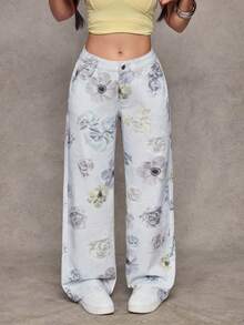 Jeanoix 女士纽扣花卉图案休闲百搭日常水洗牛仔裤 - 彩色 - 查看 4