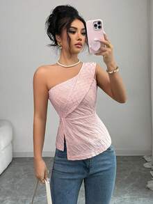 Elenzga Blusa de mujer de tela texturizada con bajo asimétrico, elegante y romántica para uso casual, de oficina, citas, fiestas y cenas, primavera/verano - Rosa - Ver 4