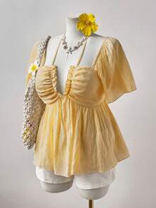 Sweetra Neues Urlaubssommer Damen Outfit, elegante sexy Strand Urlaubs strukturierte tief gerüschte Volant Träger Puff Ärmel Bluse, taillierter Boho Stil - Orange - Übersicht 6