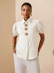 Vesra Women's Solid Color Puff Sleeve Casual Metal Button Decorated Shirt - Apricot - View 4