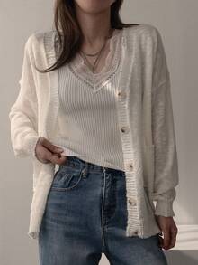 DAZY Women's Solid Color Drop Shoulder Long Sleeve Single-Breasted Casual Thin Cardigan Summer - White - View 3