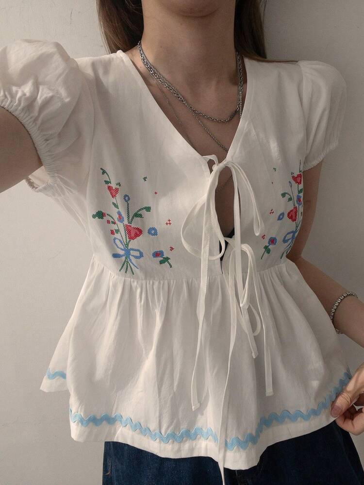 Women's V-Neck Petal Sleeve Korean Style Embroidered Blouse, Summer