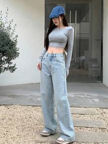 DAZY 女士高腰口袋宽松阔腿牛仔裤（夏季款） - 淺藍色 - 查看 5