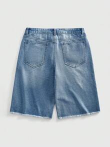 ROMWE MEN Patch Distressed Casual Loose Fit Men's Denim Shorts - Blue - View 2