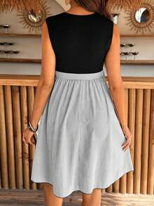 SHEIN 孕妇休闲条纹拼接无袖连衣裙 - 黑色 - 查看 2