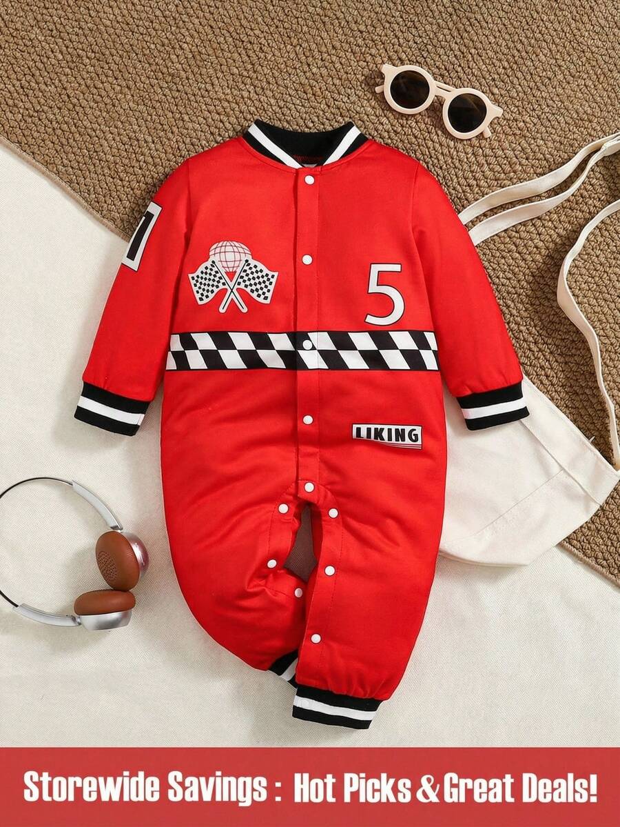 SHEIN 白色、黑色和红色赛车印花男婴户外时尚运动连体衣 - 紅色 - 查看 1