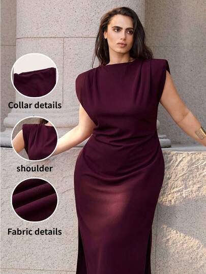 Maija Đầm mùa hè cỡ lớn, kiểu dáng thường ngày, màu trơn, có đệm vai và thắt eo.