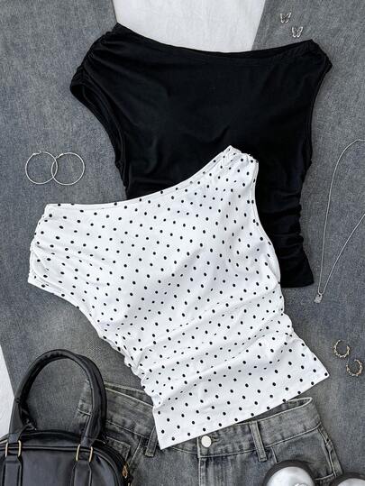 SHEIN 2pcs/Set Teen Girls' Black & White Polka Dot Knit Casual Ruched Asymmetric Shoulder Fitted Cropped Top T-Shirt