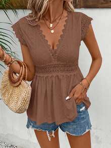 SHEIN Frenchy Áo thun cổ chữ V sâu phối ren, kiểu dáng thường ngày, thích hợp cho kỳ nghỉ hè. - Cà phê nâu - Xem 4