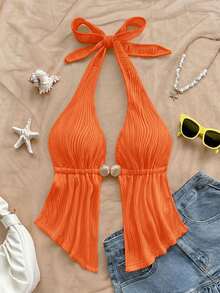 Soleia 性感V领金属装饰露背荷叶边红色纹理面料女士背心，适合海滩度假、约会、下午茶、假期、音乐节、波西米亚风等场合。 - 橘色 - 查看 5