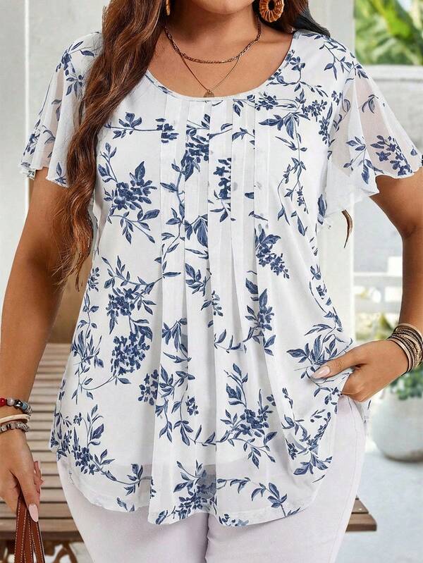 EMERY ROSE Plus Size Women Summer Short Sleeve Floral Print Shirt Tunic Blouse, Indigo Blue For Holiday,Summer Holiday,Vacation Outfits Women,Simple And Fashionable For Everyday Wear