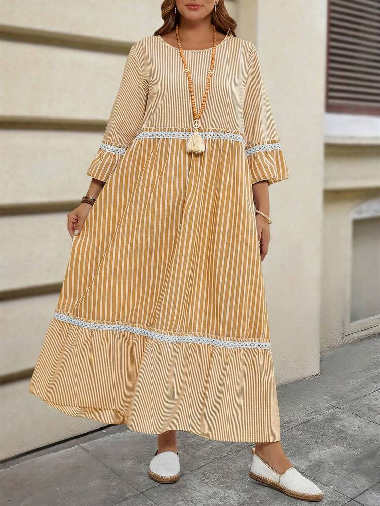 Plus Size Winter Clothes For Women Vacation Outfits Woman Costume Women Striped Round Neck Flared Sleeve Ruffle Hem Loose Long Casual Dress