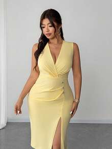 Elenzga Plus Size Women's Elegant Casual V-Neck Sleeveless Waist Cinched Button Decor Bodycon High Slit Dress, Spring/Summer - Yellow - View 4