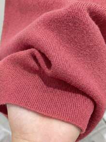 Resyla 女士休闲纯色立领短袖毛衣 - 玫紅色 - 查看 3