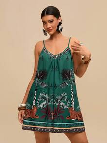 Travachic Women's Summer Greeen Boho Beach Holiday Casual Animal & Tropical Print Loose Jumpsuit,Deep V-Neck Backless Tie Waist Retro Vacation Shorts - Multicolor - View 4