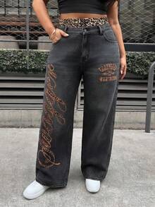 SHEIN PETITE CURVE 大码女式夏季休闲高腰阔腿牛仔裤，水洗黑色牛仔豹纹印花宽松牛仔裤，带口袋，完美打造街头风和度假造型；女式复古蓝色宽松直筒牛仔裤 - 黑色 - 查看 4