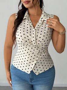 Elenzga Plus Size Women's Beige Summer Elegant Office Polka Dot Sleeveless Collared Shirt,Twist Tie Waist Fitted Short Top,Retro French Smooth Fabric - Multicolor - View 6