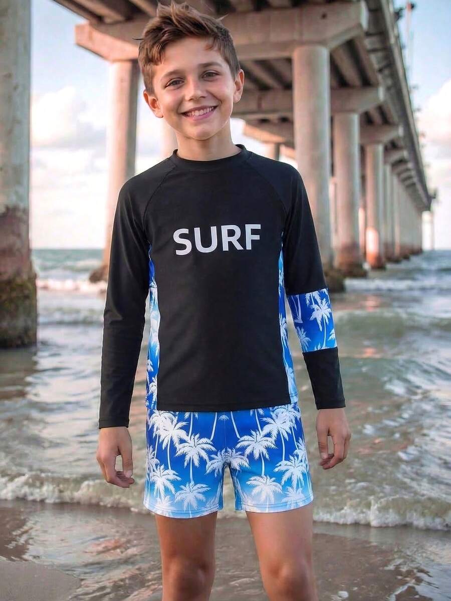 Fantacosmos Tween Boys 2-Piece Swimwear Set, Cool Surfing Style, Black Main Body, Raglan Sleeve Design, White "SURF" Letter Print On Front, Gradient Blue & White Palm Tree Print On Side And Sleeve, Gradient Blue & White Palm Tree All-Over Print Bottoms, Knitted Digital Printing, Fashionable, Casual, Suitable For Swimming, Summer Vacation, Beach, Pool Party - Multicolor - View 1