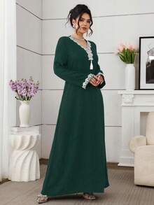 Al Najma Embroidered Loose Elegant Long Sleeve Turkish & Arabic Traditional Maxi Dress For Women - Dark Green - View 4