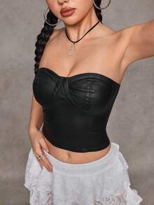 Jeanoix Y2K Women Coated Bandeau Top - Black - View 1