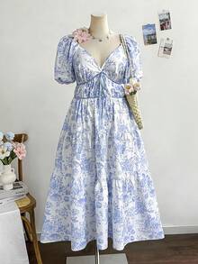 Vibekara Women's Plus Size White Summer Boho Ditsy Floral V-Neck Puff Sleeve Maxi Dress, Milkmaid Wedding Guest Bachelorette Party Tea Party Holiday - Blue - View 4