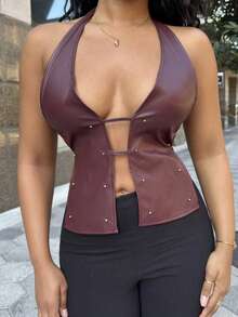 Alexandranx Top con cuello en V profundo, espalda descubierta y decoración de remaches, estilo callejero de moda para mujer, verano - Burdeos - Ver 3