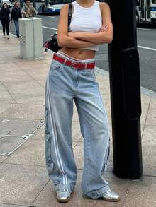 Anewsta Heavy-Duty Blue Striped Print Denim Jeans Baggy Jeans Women Loose Jeans Baggy Jeans Y2k Wide Leg Jeans Oversized Jeans - Blue - View 4