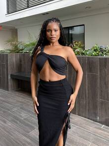 Tyla Gomez 不對稱領口飾帶打結褶皺夏季上衣和裙子套裝 - 黑色 - 查看 6