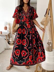 Vionelle Plus Size Women's New Elegant Spring/Summer Vacation Dress, Cardigan With Tie Belt, Digital Floral Print Maxi Dress, Loose Flowy Casual Short Sleeve Dress, Suitable For Outerwear, Vacation, Travel, Bohemian Style Elegant Plus Size Red Floral Print Long Boho Wrap Dress With V Neck Short Batwing Sleeves For Women, - Red - View 6