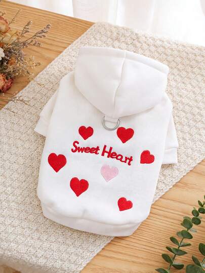 PETSIN 1pc "Sweet Heart" Heart Pattern Embroidered Pet Hoodie With Traction D-Ring Spring And Autumn Comfortable Cat And Dog Coat