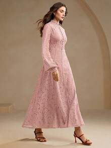 Anewsta Women's Long Sleeve Lace Wine Red Dress, Casual Outfit - Dusty Pink - View 7