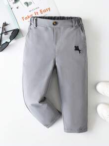 SHEIN 男童休闲舒适纯色长裤，单扣装饰，斜插口袋，松紧腰设计，适合日常穿着、旅行、聚会、度假等场合，百搭时尚 - 灰色 - 查看 1