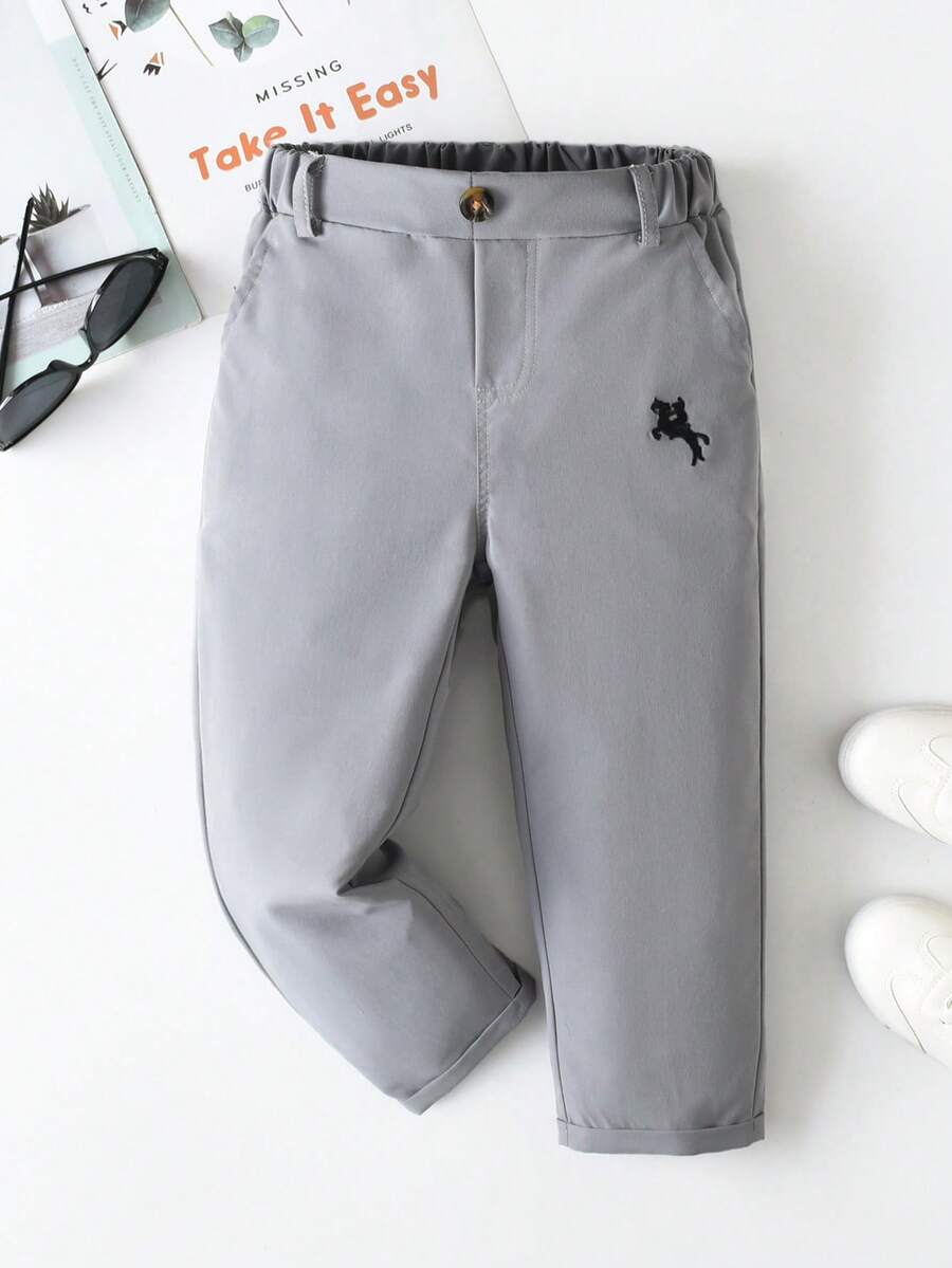 SHEIN 男童休闲舒适纯色长裤，单扣装饰，斜插口袋，松紧腰设计，适合日常穿着、旅行、聚会、度假等场合，百搭时尚 - 灰色 - 查看 1