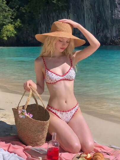 SHEIN MOD Women's Summer Vacation Beach Ditsy Floral Spaghetti Strap Bikini Set,Festival Outfits For Women,Spring/Summer Outfit, Beach Outfit, Holiday Outfits, 2pcs/Set, Suitable For Beach & Vacation, Cut Bikini,Beach Set