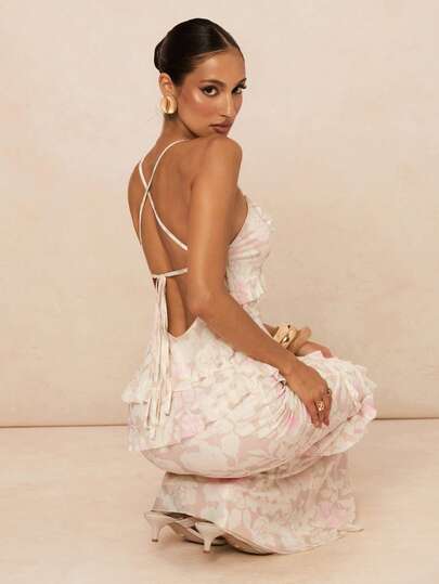 Lumalex Summer Spring Women's Floral Print Ruffle Trim Backless Dress This Garment Effortlessly Transitions From Beach Strolls To Weekend Gatherings And Celebratory Dinners, Embodying The Charm Of Quiet Luxury And Striking Party Flair Whether At Birthday Bashes Or Fashionable Soirées