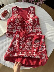 Comfortcana 女士夏季花卉刺绣系带吊带背心和迷你裙套装 - 紅色 - 查看 7