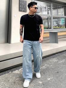 DAZY 男士做旧水洗长款牛仔裤，适合春秋季穿着 - 藍色 - 查看 3