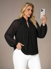 Auralis Plus Size Women Elegant Solid Color Blouse For Commuting Summer Outfit For Women  Black - Black - View 5
